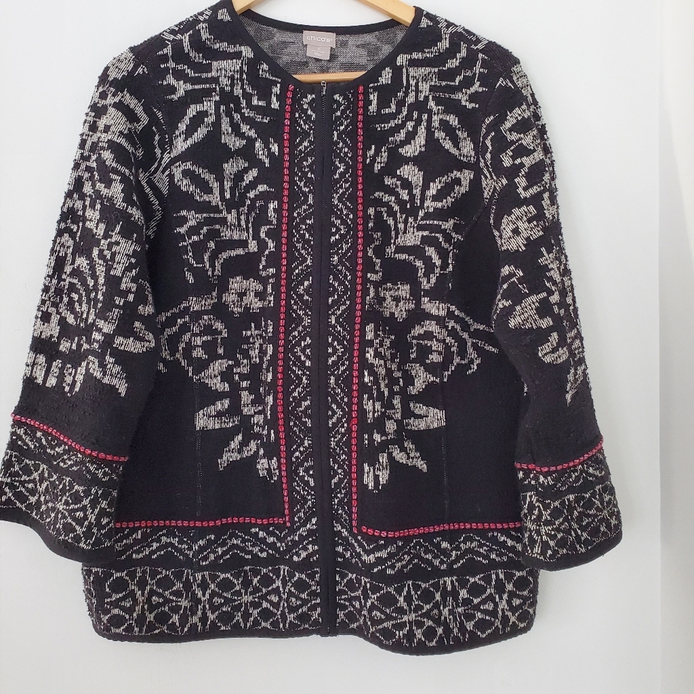 CHICO'S XL Zip Up Cardigan Sweater Black White Red Ethnic Design Bohemian Winter